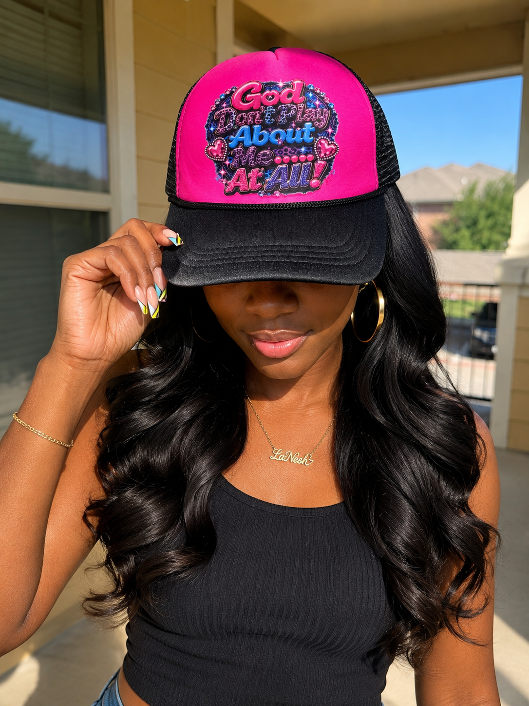 God Don’t Play About Me Bling Trucker Hat