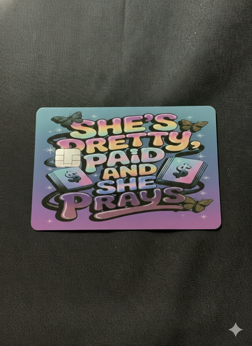 "SHE IS PRETTY AND PAID" DEBIT CARD STICKER